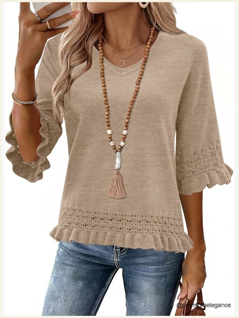Women's 3/4 Sleeve V-Neck Peplum Knit Pullover Sweater Boho Tops Cute Crop